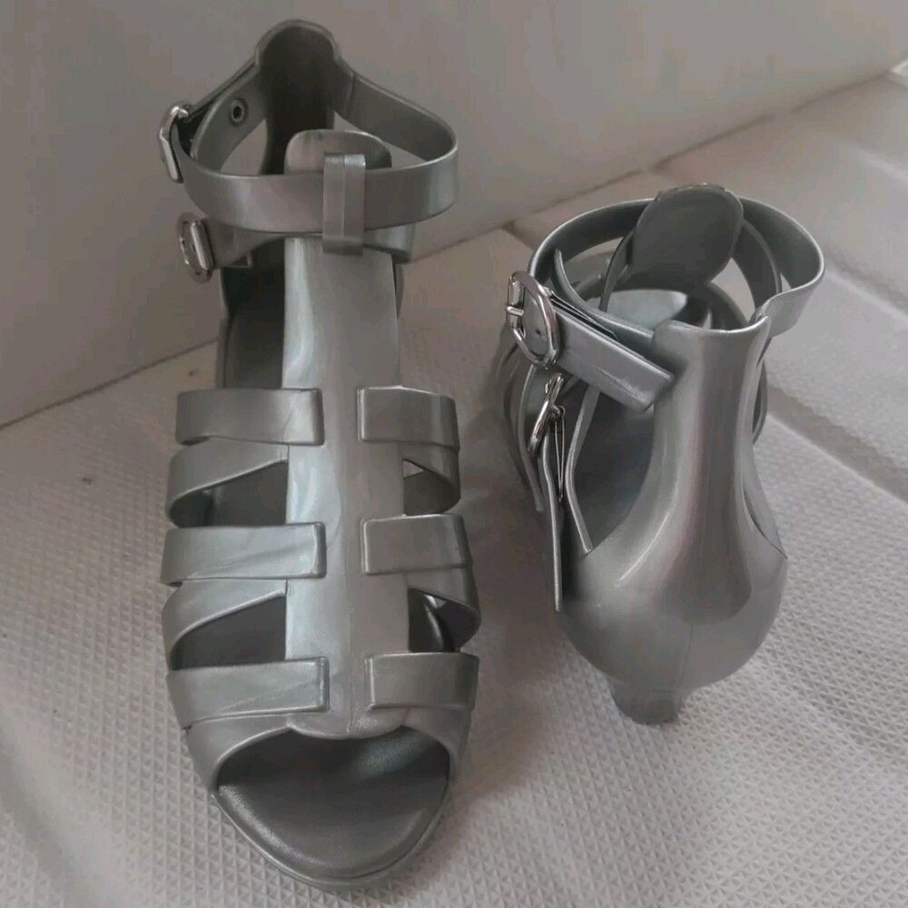 Melissa Liberty Jelly Strappy Silver Sandals Slight Wedged Heel US Sz 7/ EU 38 - Picture 6 of 14
